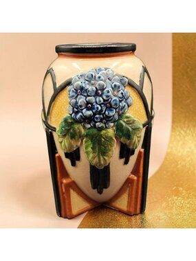 Maruhon Ware Japan Art Deco Ceramic Vase Raised Hydrangea Design 7" Tall